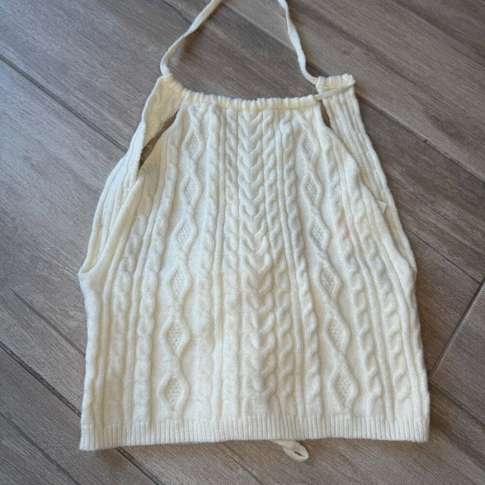Knit Halter Crop Top Tie Back (Cream) - Size Large